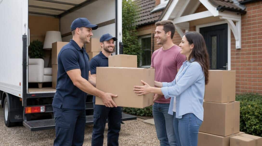 Couple receiving moving boxes from professional removal team