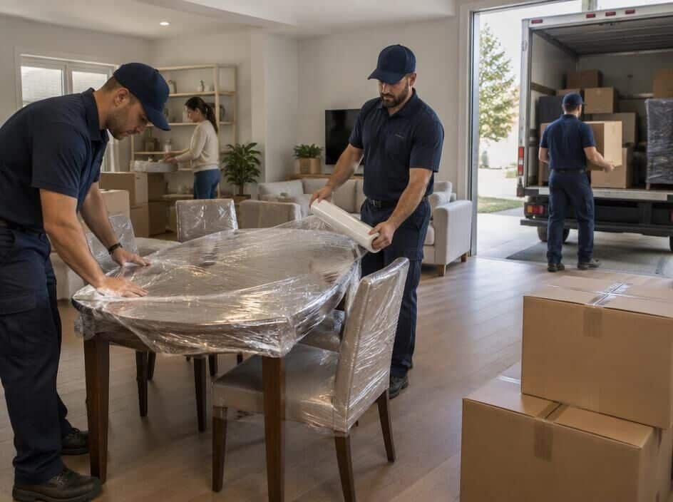 800x600 Professional movers wrapping a dining table for transport